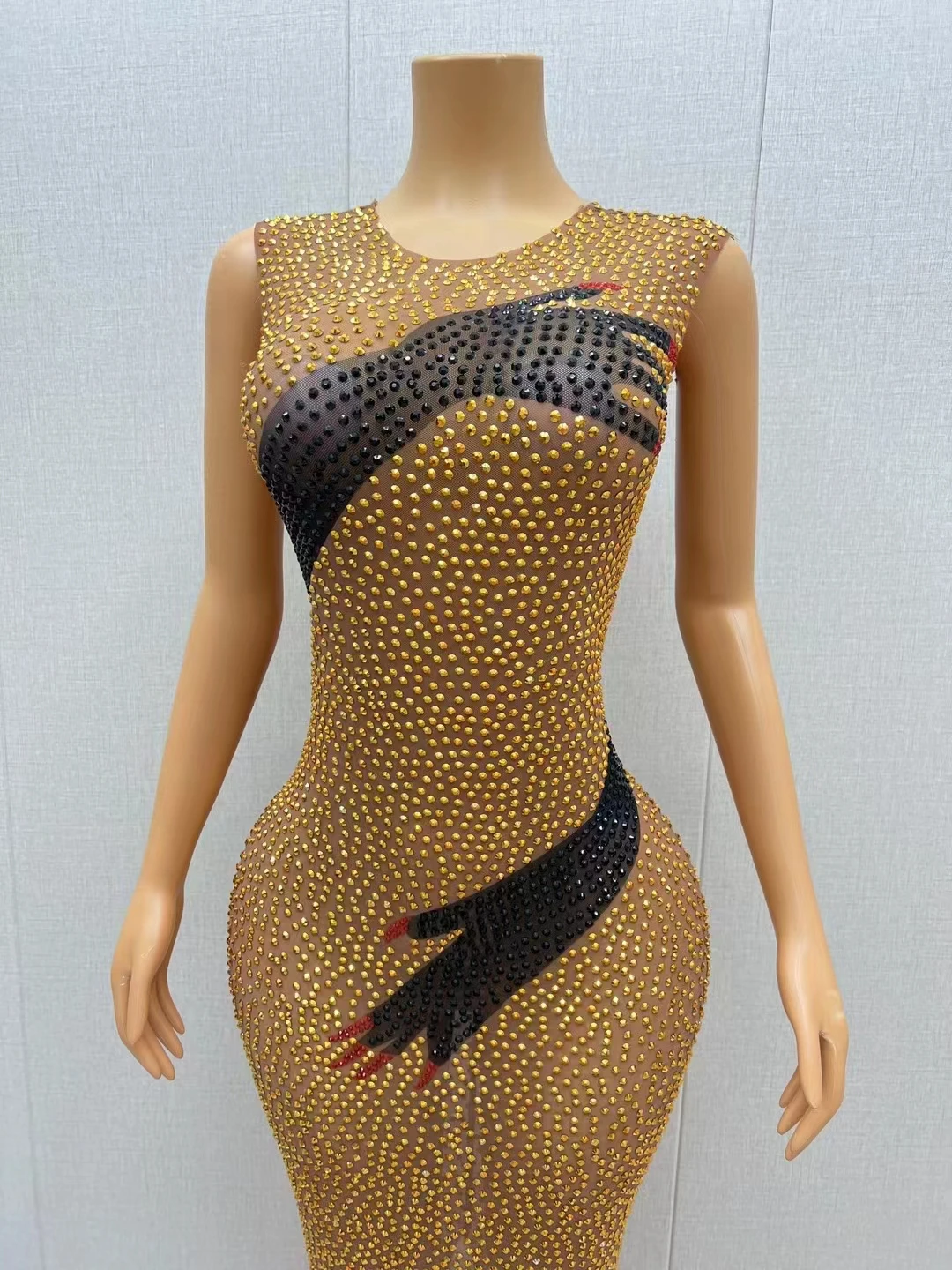 Robe Longue en Fibre de Strass Dorés pour Femme, Tenue de Chanteuse, Costume de Spectacle, ixd'Anniversaire, Spectacle sur Scène