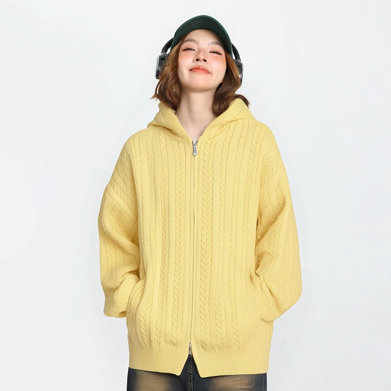 

Chic Yellow Knitted Zip Up Sweater Women Hooded Cardigan Autumn Winter Fashion O-Neck Long Sleeve Knit Tops Ladies Zipper Jumper
