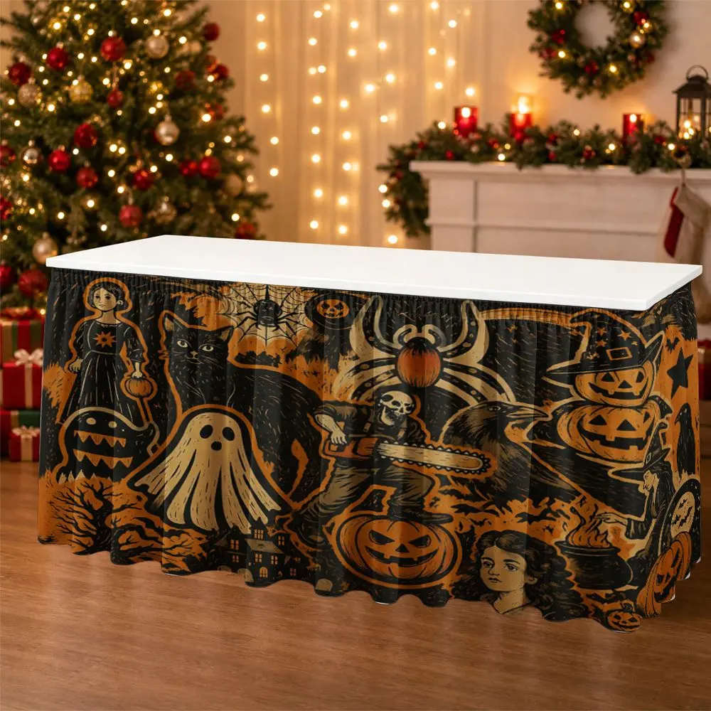 One Halloween party tablecloth with 2D flat design of a terrifying Halloween scene pattern