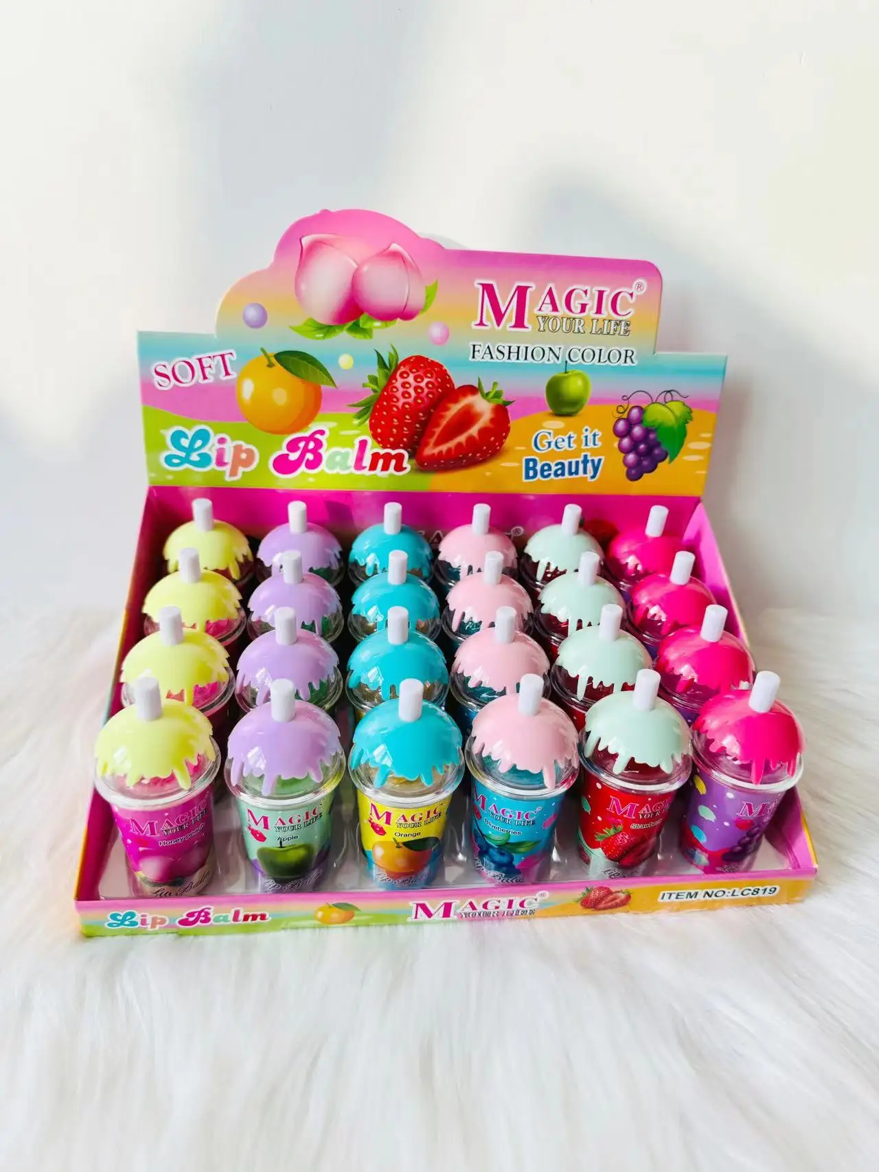 24 Pcs New Hot Selling Supplier Cosmetics Natural Fruit Essence Colorless Cute Drink Vegetarian Moisturizing Lip Balm