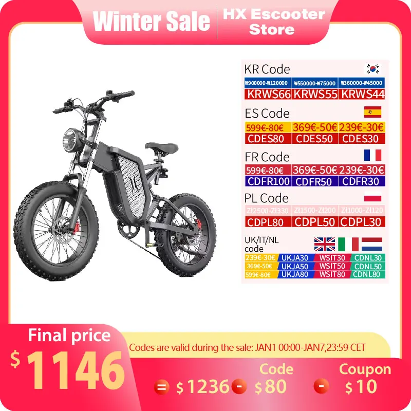 HX X20 2000W 35AH Adult Ebike Electric Bike 48V 20 inch Fat Tire Motorcycle Electric Bicycle 55KM/H Off-road Cycling Bike