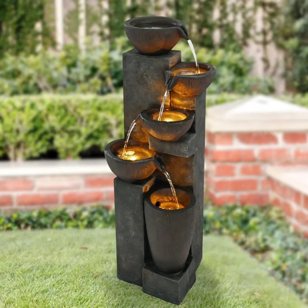 

40" Outdoor Water Fountain with LED Lights 5-Tier Polyresin Rock Indoor Modern Floor-Standing Waterfall Fountains for Home Garde