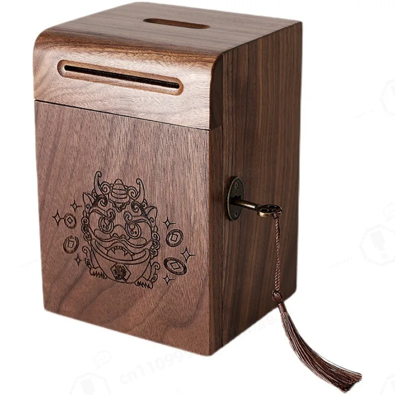 Wooden Lucky Pixiu Money Box with Lock Only in No Out Coin Saving Jar Piggy Bank for Adults Kids Desktop Home Festival Gift