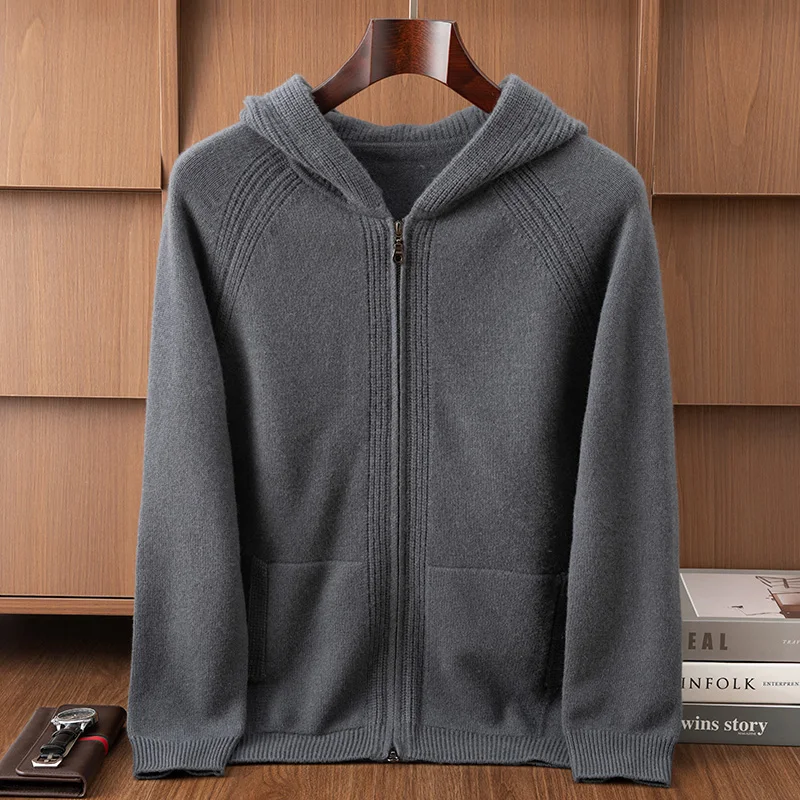 

Мужской свитер из 100% чистого кашемира, толстый теплый мужской кардиган на молнии с капюшоном, осенне-зимняя кашемировая вязаная куртка, пальто высокого качества
