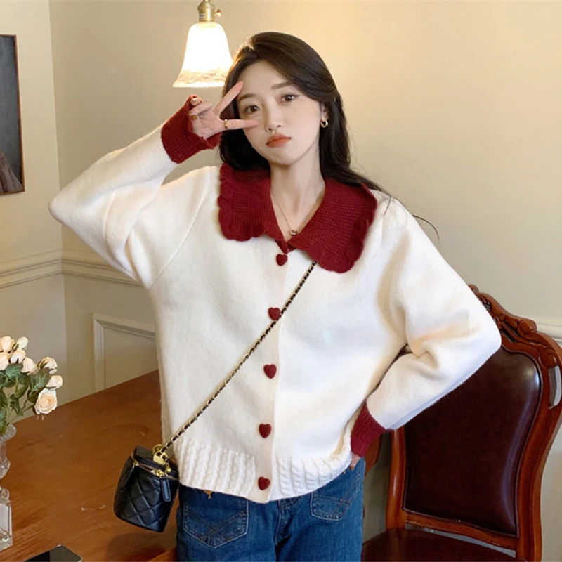 Autumn Winter Sweet Preppy Style Knitted Sweater Casual Hit Color Long Sleeves Cute Sweater Fashion Milk White Cardigan Sweater