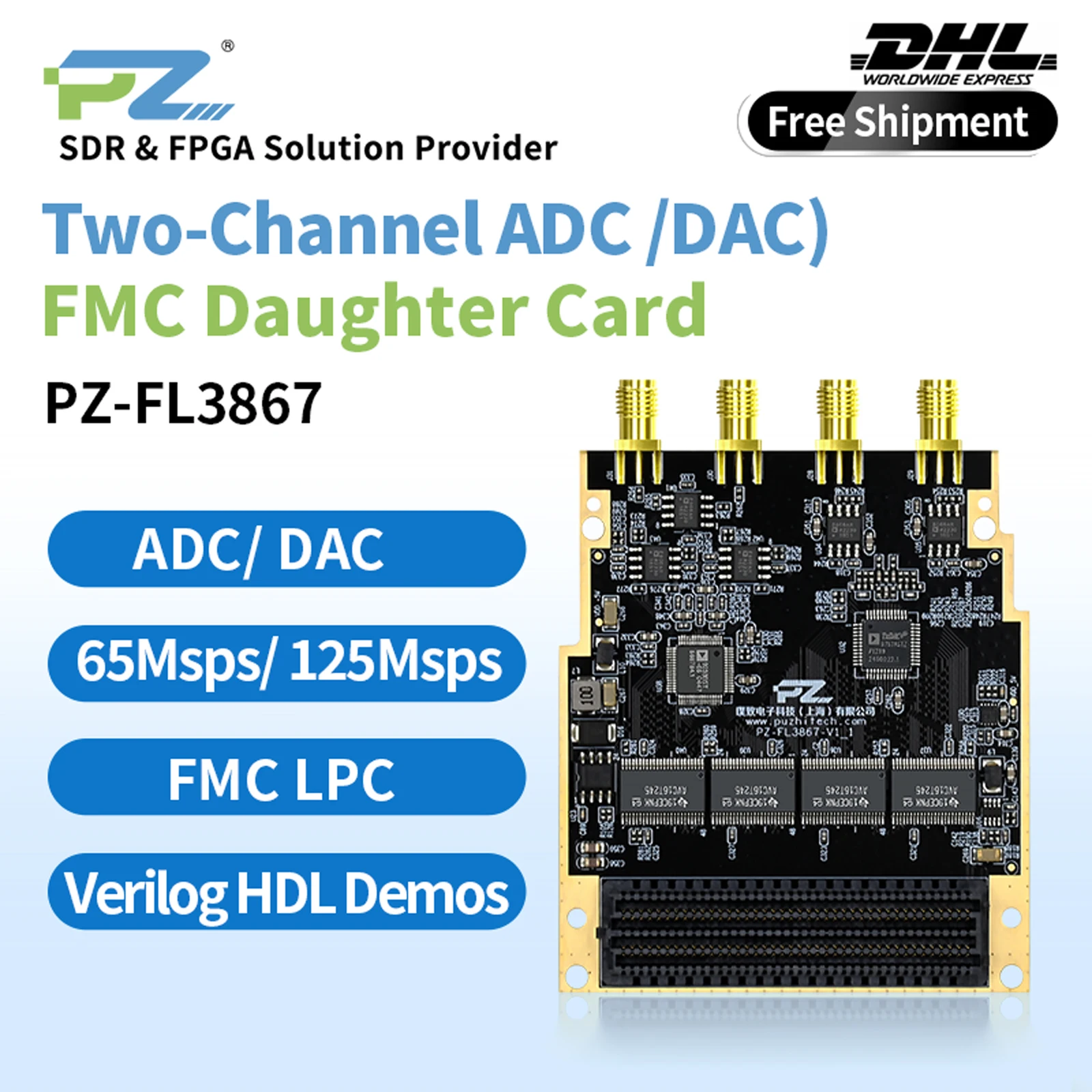 

Puzhi PZ-FL3867 FMC Daughter Card Dual-channel High-speed ADC 12bit 65MSPS DAC 14bit 125MSPS AD9238 AD9767 LPC FMC Board LVDS