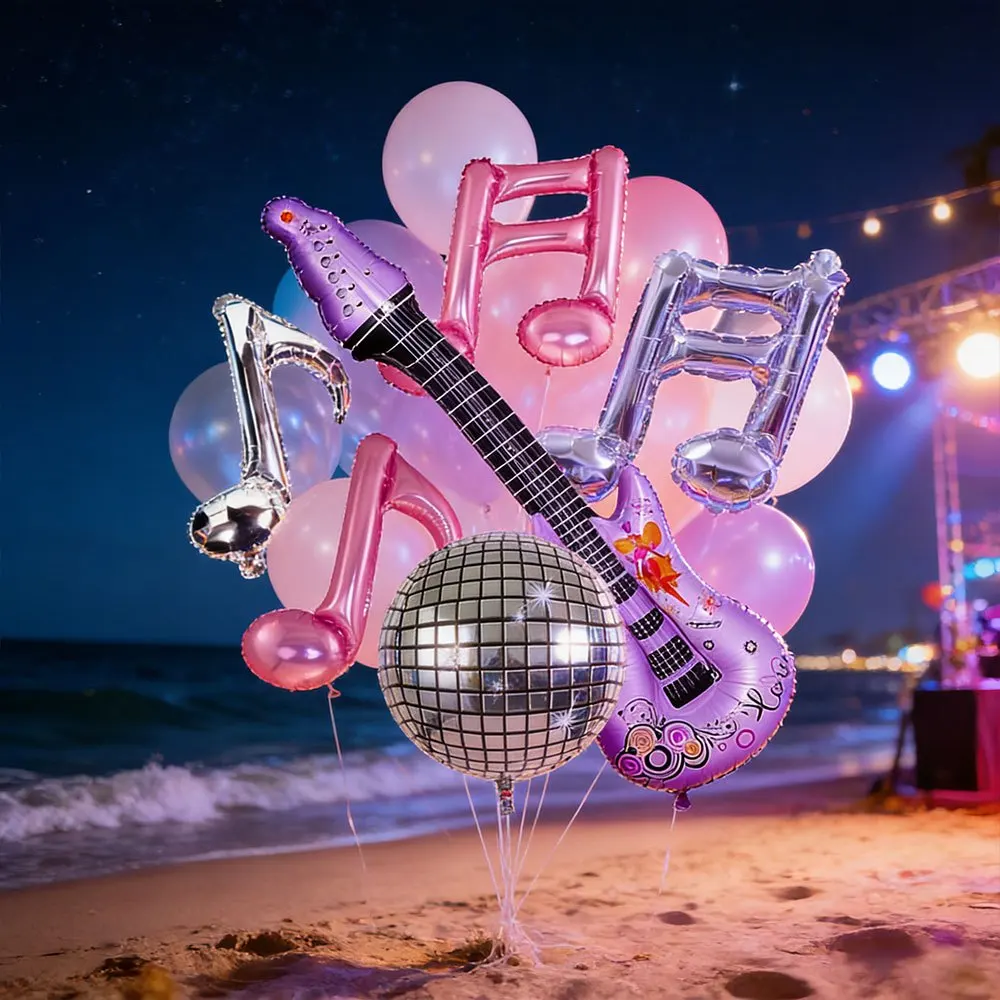 6-teiliges Lila Gitarren-Noten Disco-Ballonset Musik-Themen-Party-Dekoration Festival-Fotografie-Zubehör Bar-Dekoration Ballonset – Detail 3