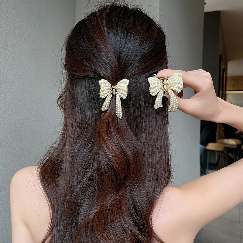 Slow Elegant Pearl Bow Shark Clip Stereo Tie Medium Hair Grab Back Head Clip All-match Travel Girl Top Clip Hairpin