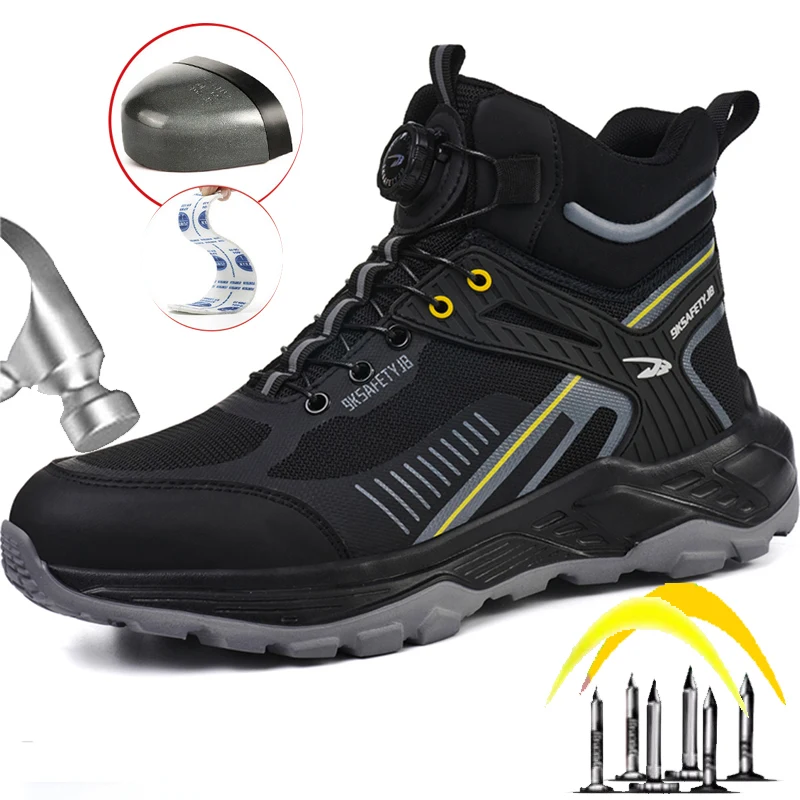 

Мужские высокие рабочие ботинки: Новые защитные кроссовки с поворотной застежкой, стальным носком, защитой от ударов и проколов