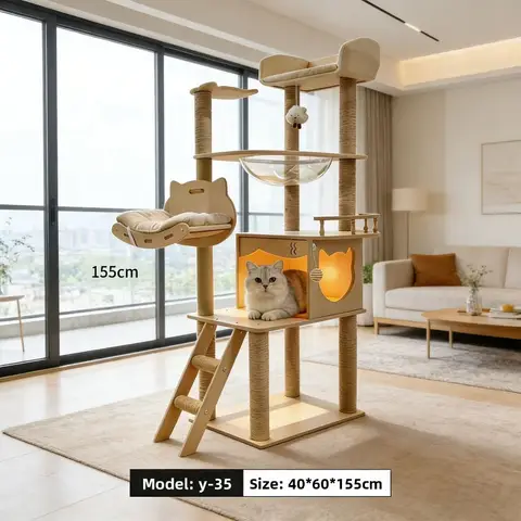 Multi Level Cat Gym Tree Large Wooden Cat Tree House Scratching Post Space Capsule Wholesale Cat Scratcher Cat Tower Cat House