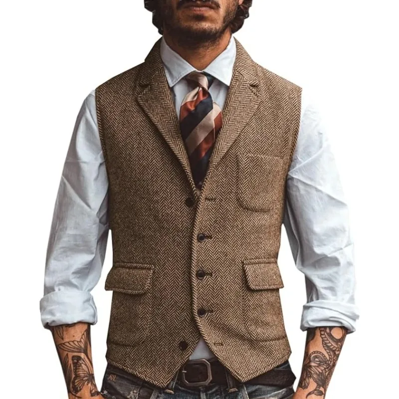 

Men Tweed Vest Brown Herringbone Business Waistcoat Jacket Casual Slim For Wedding Groom Banquet Gilet Vest