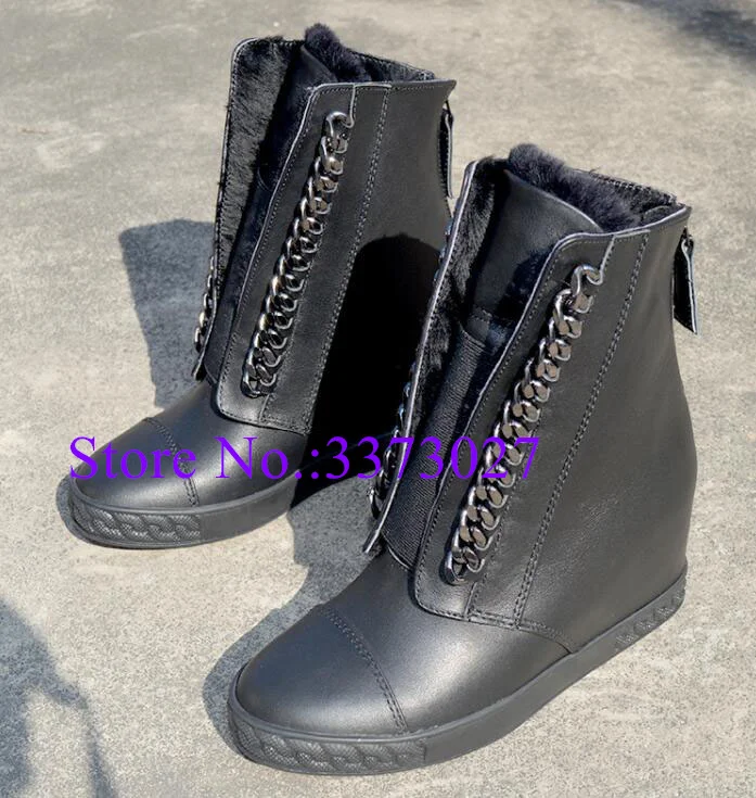 New Black Leather Fur inside Warm Ankle Boots Lady Fashion 8cm Increasing Heel Winter Snow Boots Sexy Female Wedge Shoes