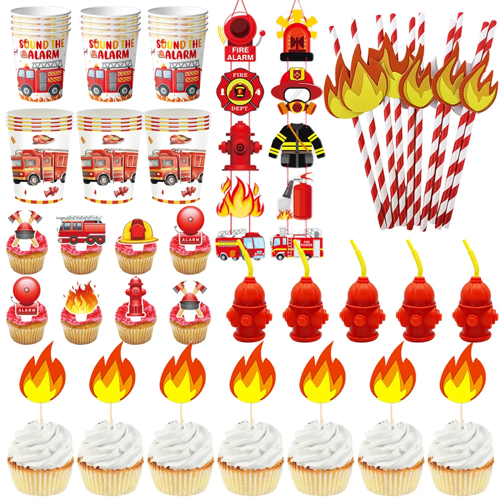 Feuerwehrauto-Party-Zubehör Feuer-Pappbecher Flammen-Trinkhalme Tortendekoration Feuerwehrmann-Geburtstagsparty-Dekorationen