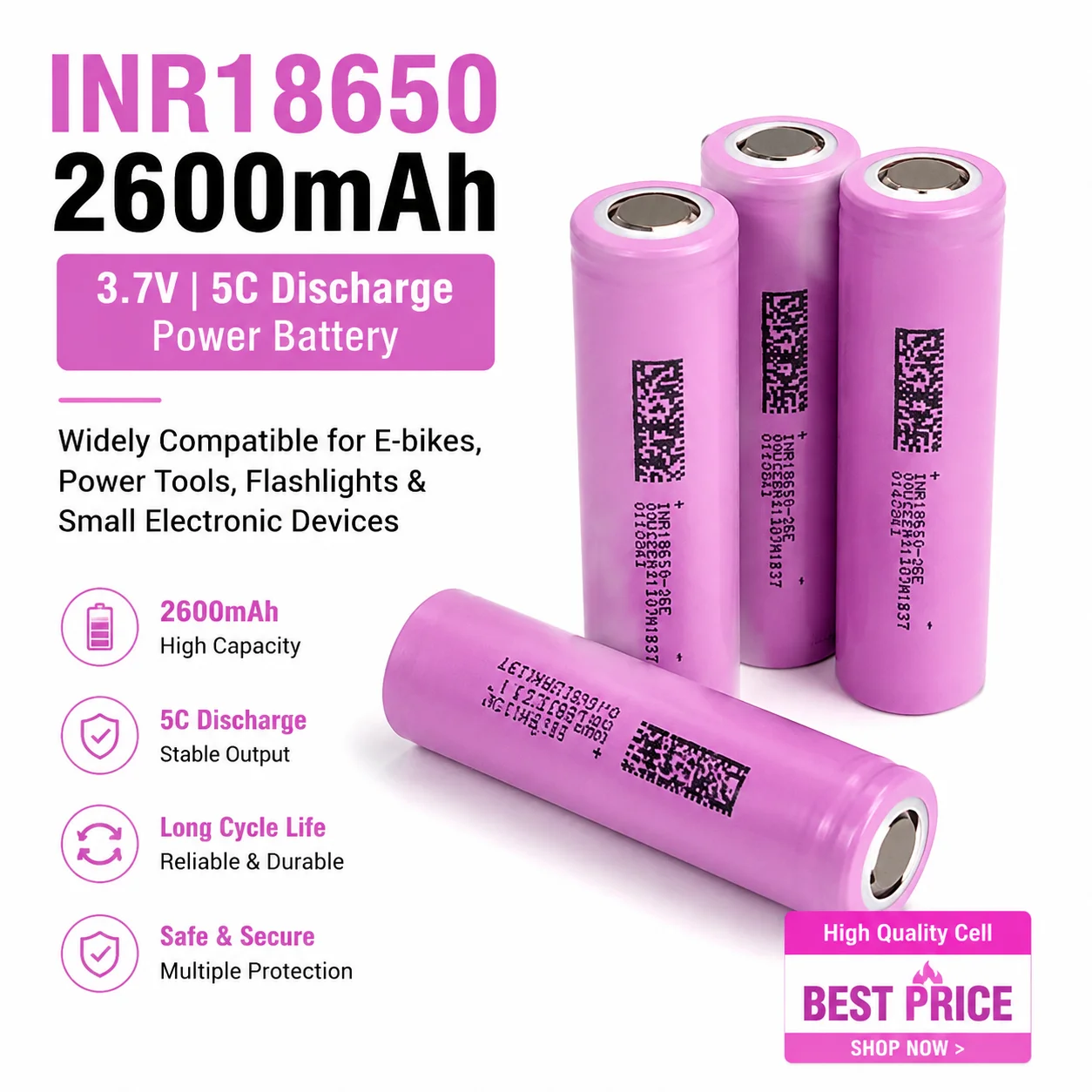 18650 3,7V 2600mAh 5C Hochleistungs-Lithium-Akku Wiederaufladbare Zelle für DIY Powerbank und Haushalts-Elektrowerkzeug-Zubehör