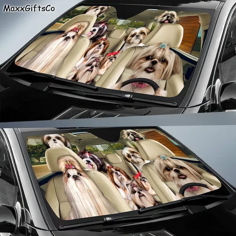 Shih Tzu Car Sun Shade, Shih Tzu Windshield, Dogs Family Auto Sunshade, Welsh Terrier Car Accessories, Shih Tzu Lovers Gifts, Ca