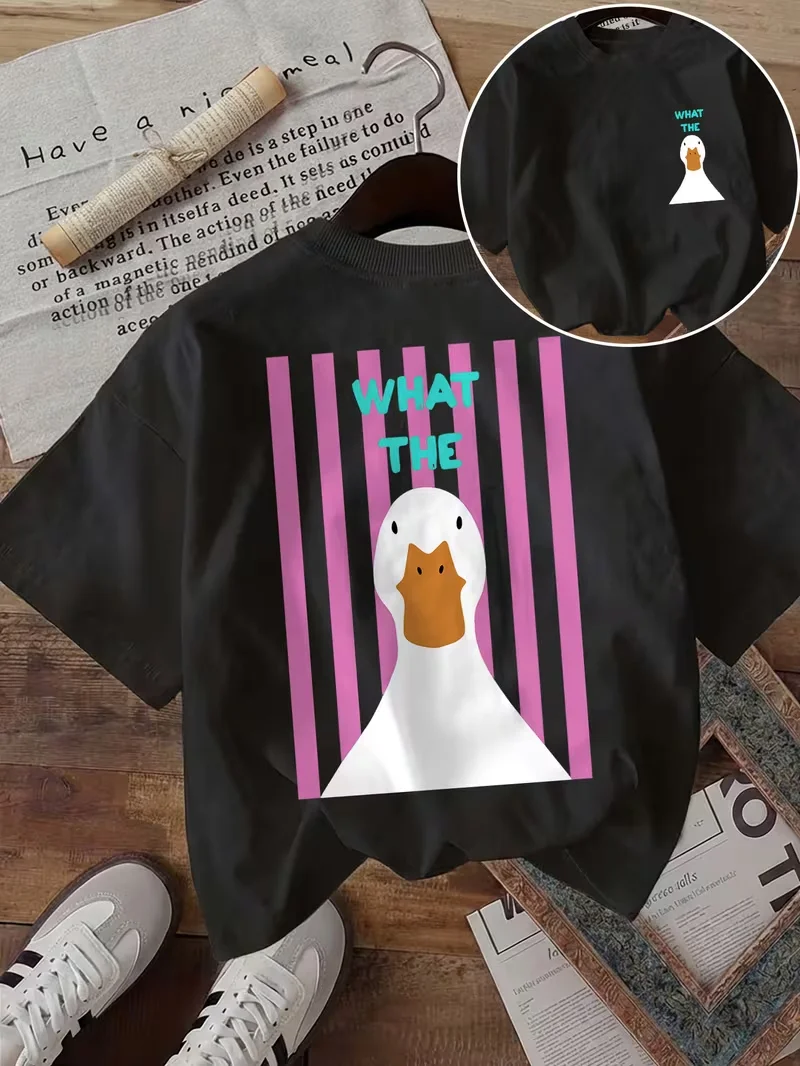 What The Cute Duck Print Women Short Sleeve T-Shirt Crew Neck Cotton Tee Pink Vertical Stripe Graphic for Daily Streetwear