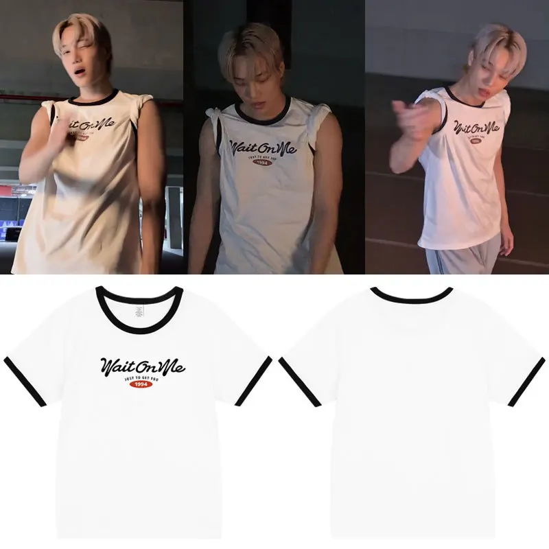 تي شيرت KAI Wait on Me Exo Fan بأكمام قصيرة، تصميم ملون فضفاض، قطن صيفي، أزياء شبابية، ياقة هنري، أكمام تسعة