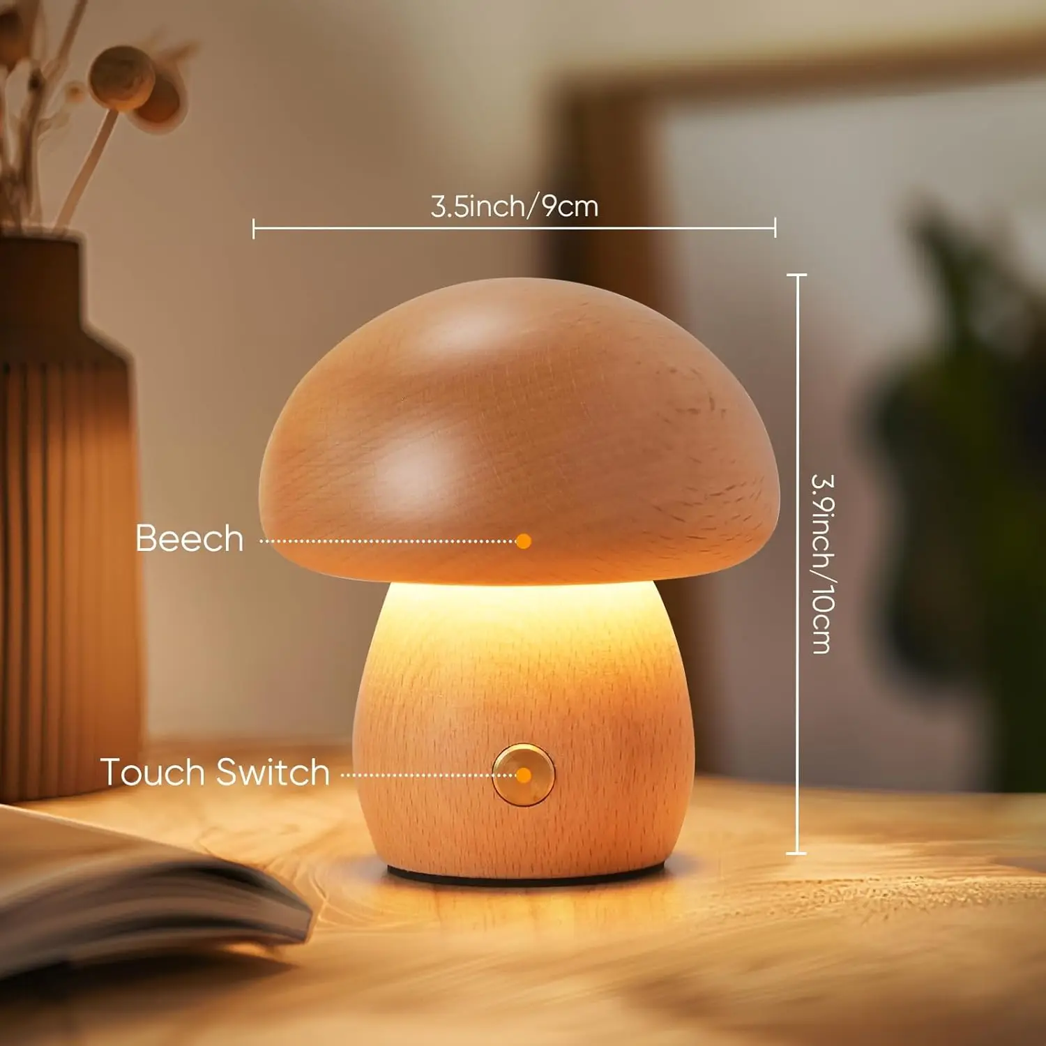 Mushroom LED Night Light Dimmable Wooden Bedroom Bedside Table Lamp with Touch Switch Room Decoration Lighting Chargeable