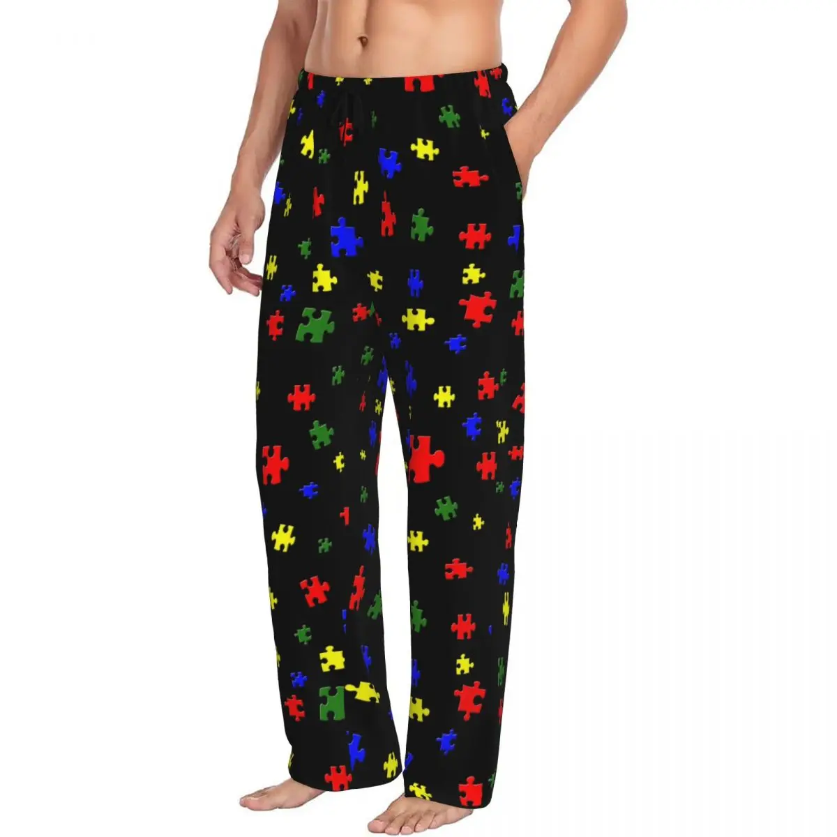 Custom Autism Awareness Pajama Pants Sleepwear Men Elastic Waistband Puzzle Pieces Sleep Lounge Bottoms with Pockets