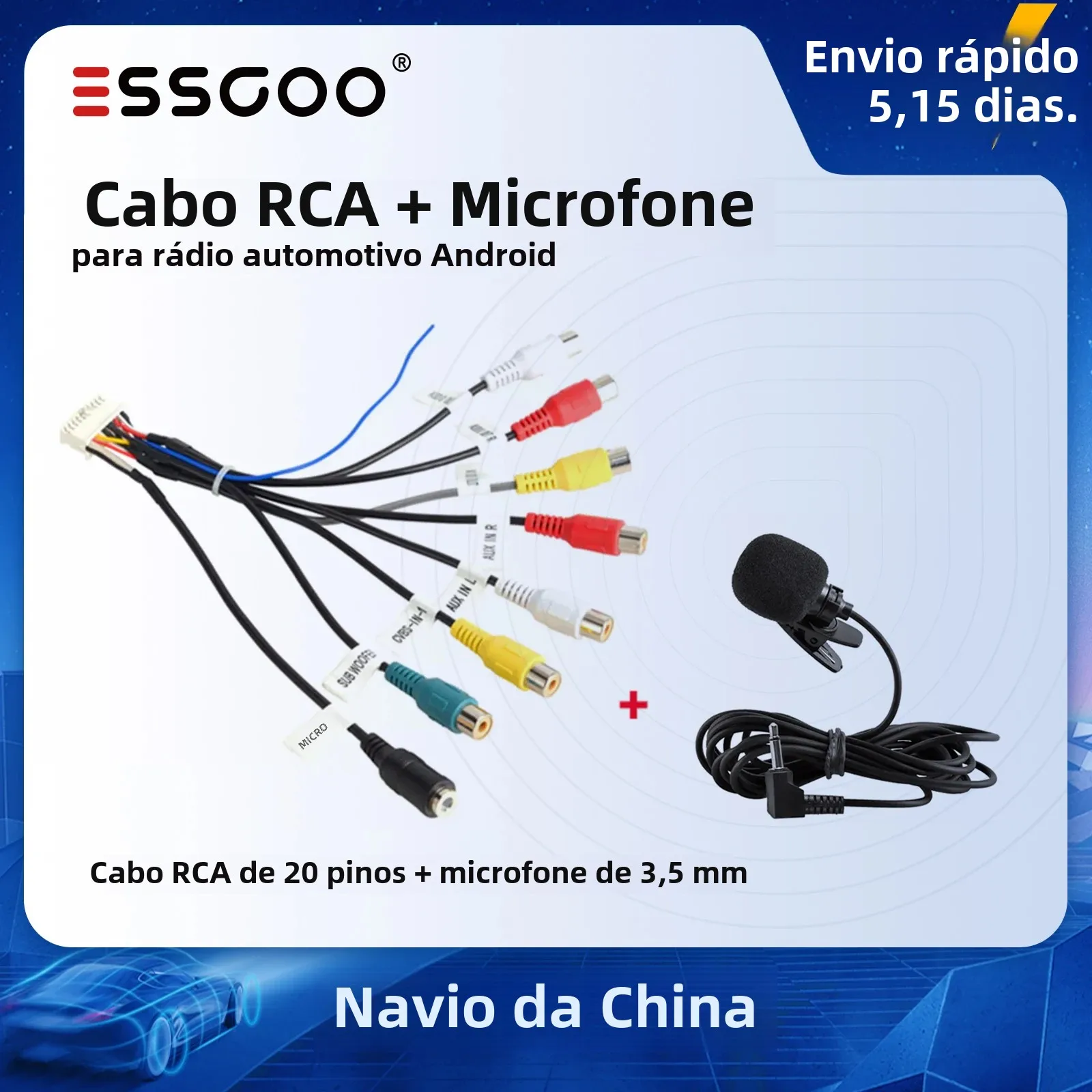 Essgoo rádio do carro 3.5mm microfone subwoofer fios microfone 20 pinos cabo rca para android saída estéreo subwoofer kit