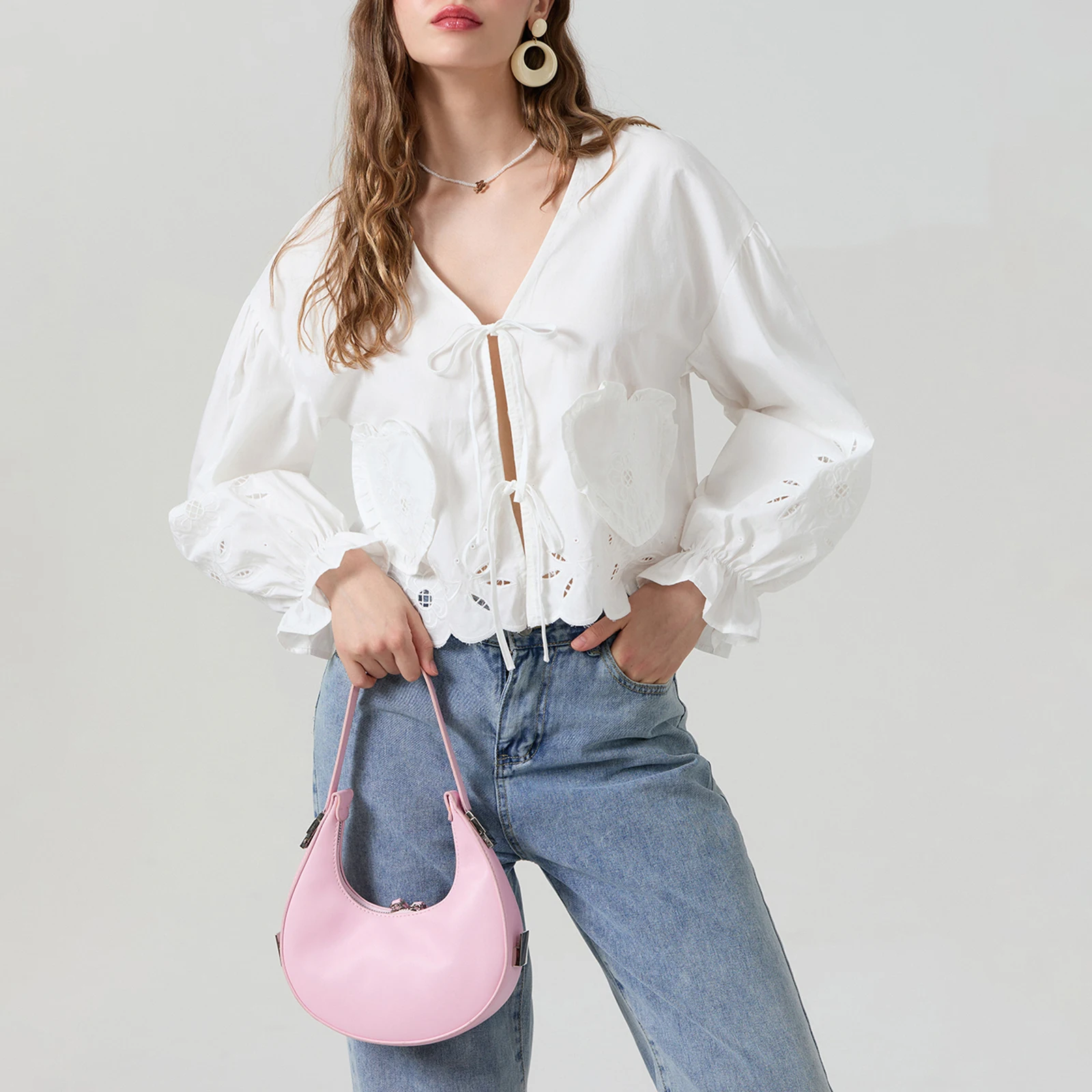 

Women's Aesthetic Shirts, Elegant Long Sleeves Lace Up Embroidered Flower Cutout Shirts Fall Tops Street Wear