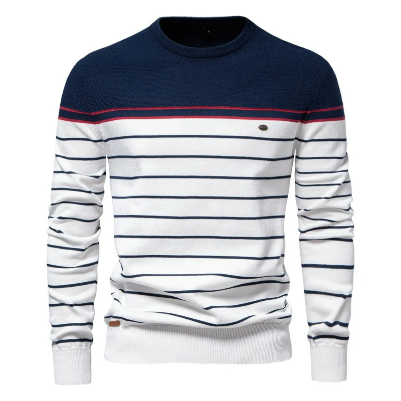 

Men Striped Round Neck Jumpers Knit Sweater Patchwork Long Sleeve Pullovers Casual Sweaters Tops Male Slight Strech Winter