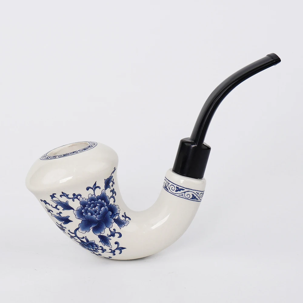 Chinese style ceramics Tobacco Pipe Calabash with Bent Acrlyic Stem Mouthpiece 9 mm Paper Filters Pipe Stand Rack Set blue+white