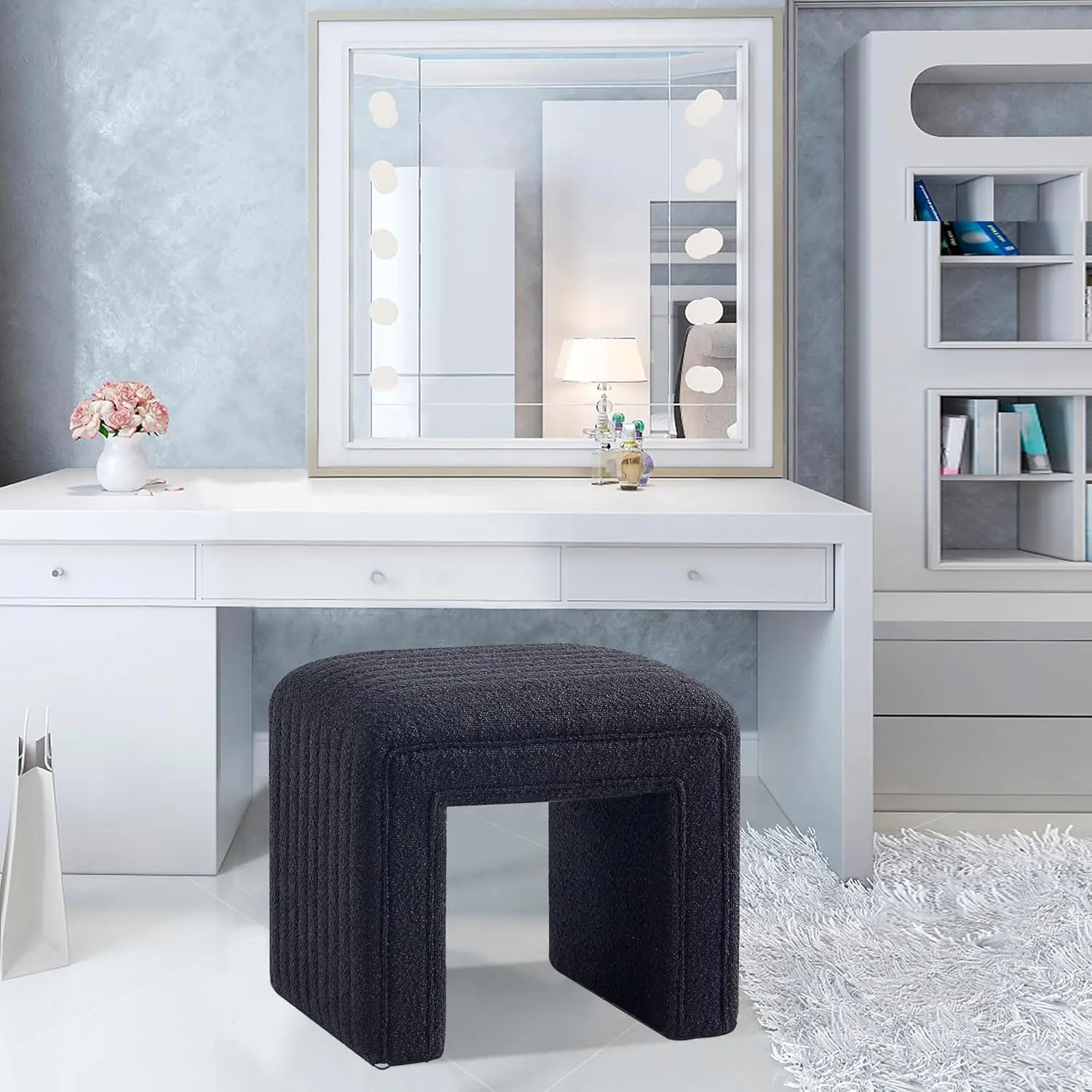Set Style Vanity Stool Chair,Modern Boucle Ottoman Foot Stool with Wooden Legs Sofa Bench Footstool Extra Seat for Vanity,Makeup