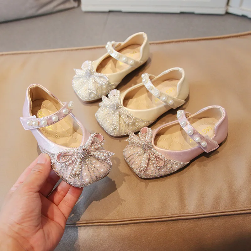 Girls Rhinestone Leather Shoes Sequins Pearl Bow Kids Flats Princess Shoes Children Baby Toddler Soft Sole Shoes