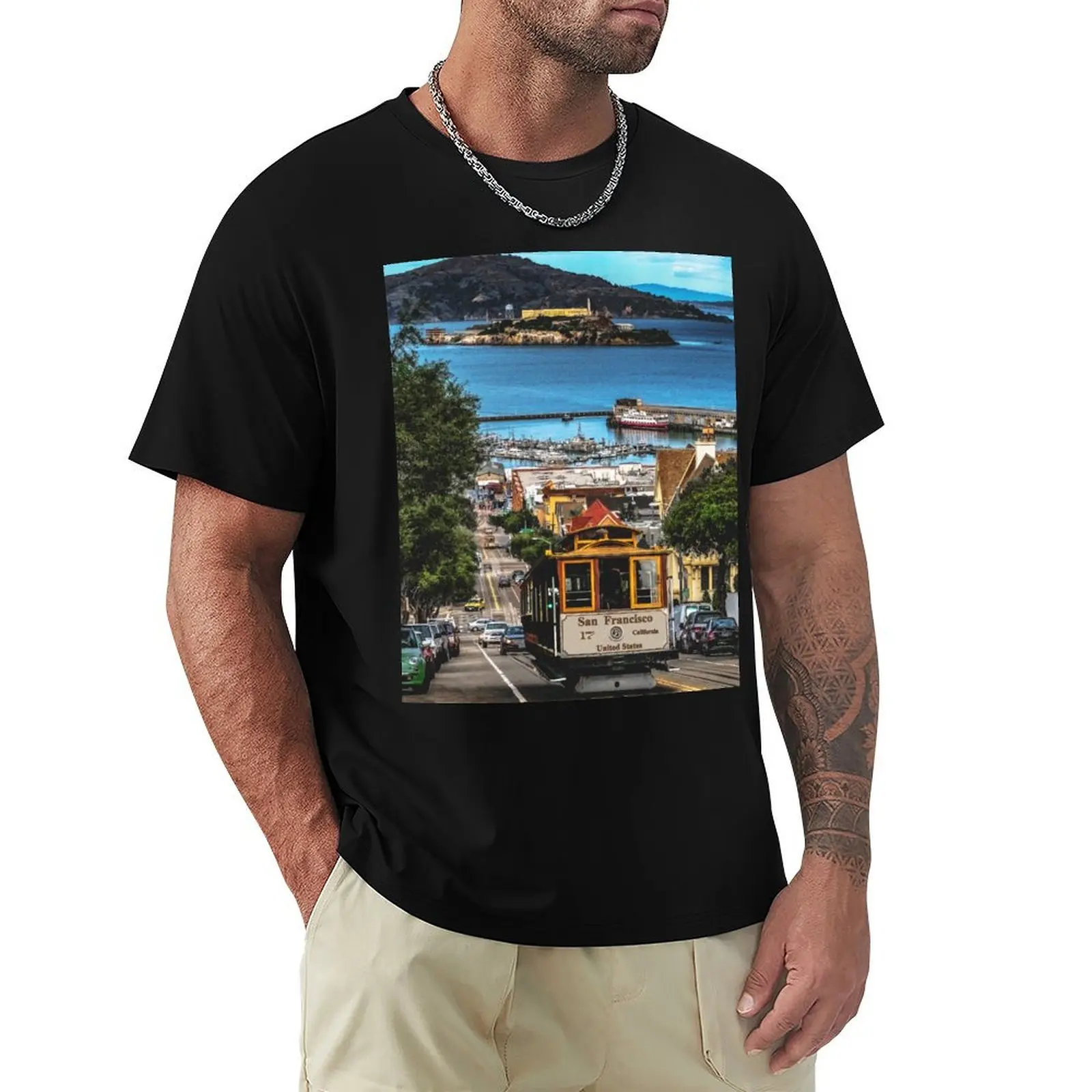 

San Francisco, California - Iconic Cable Car and Alcatraz Island T-Shirt anime basketball graphic tees t shirts for men pack