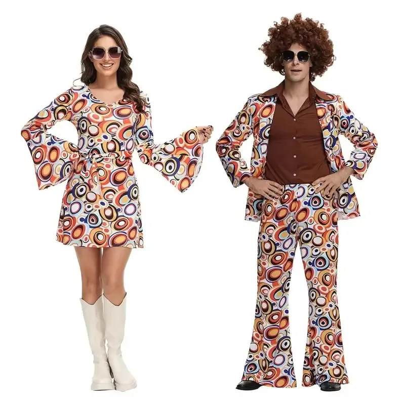 هالوين حفلة ديسكو الكبار الأزواج الهبي ازياء النساء الذكور 70s 80s روك ديسكو تأثيري ملابس الرقص فانتازيا زي