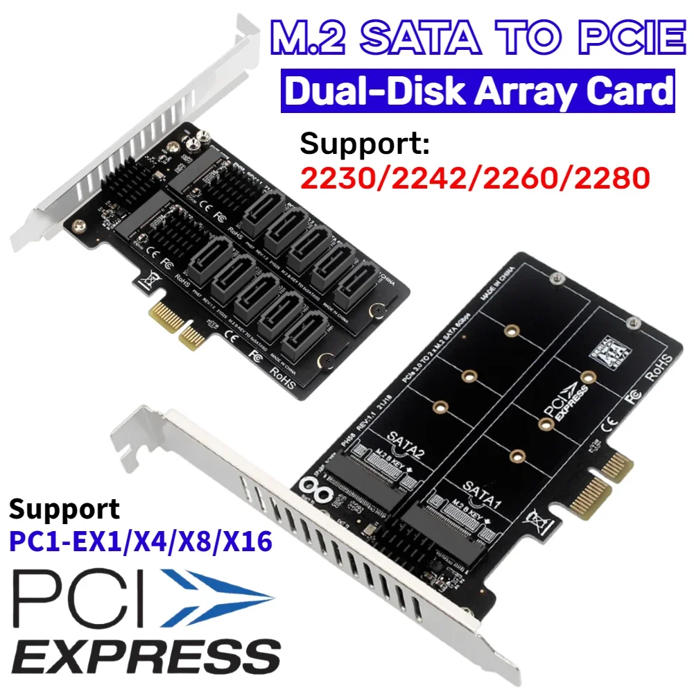 

M.2 SATA To PCIE Dual-Disk Array Card PCIe X1/X4/X8/X16 Adapter Card RAID M2 SATA Extended Card for M.2 SSD 2230/2242/2260/2280
