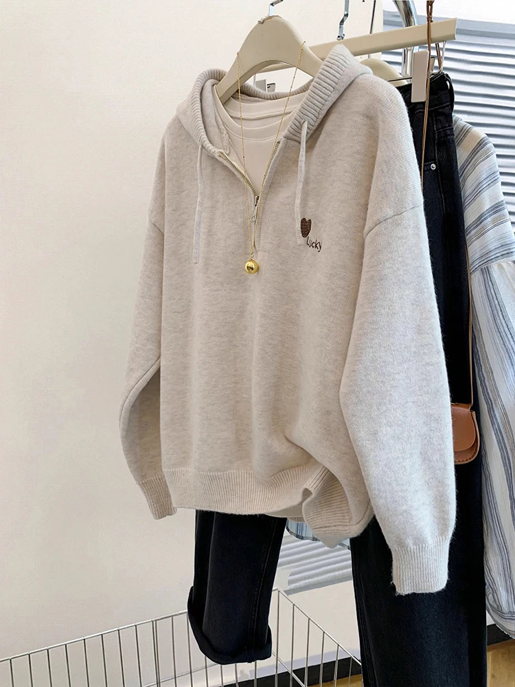 Autumn New Simple Solid Color Hooded Half Zipper Sweater Women's Loose Lazy Style Long Sleeved Knitted Tops Casual Pullovers