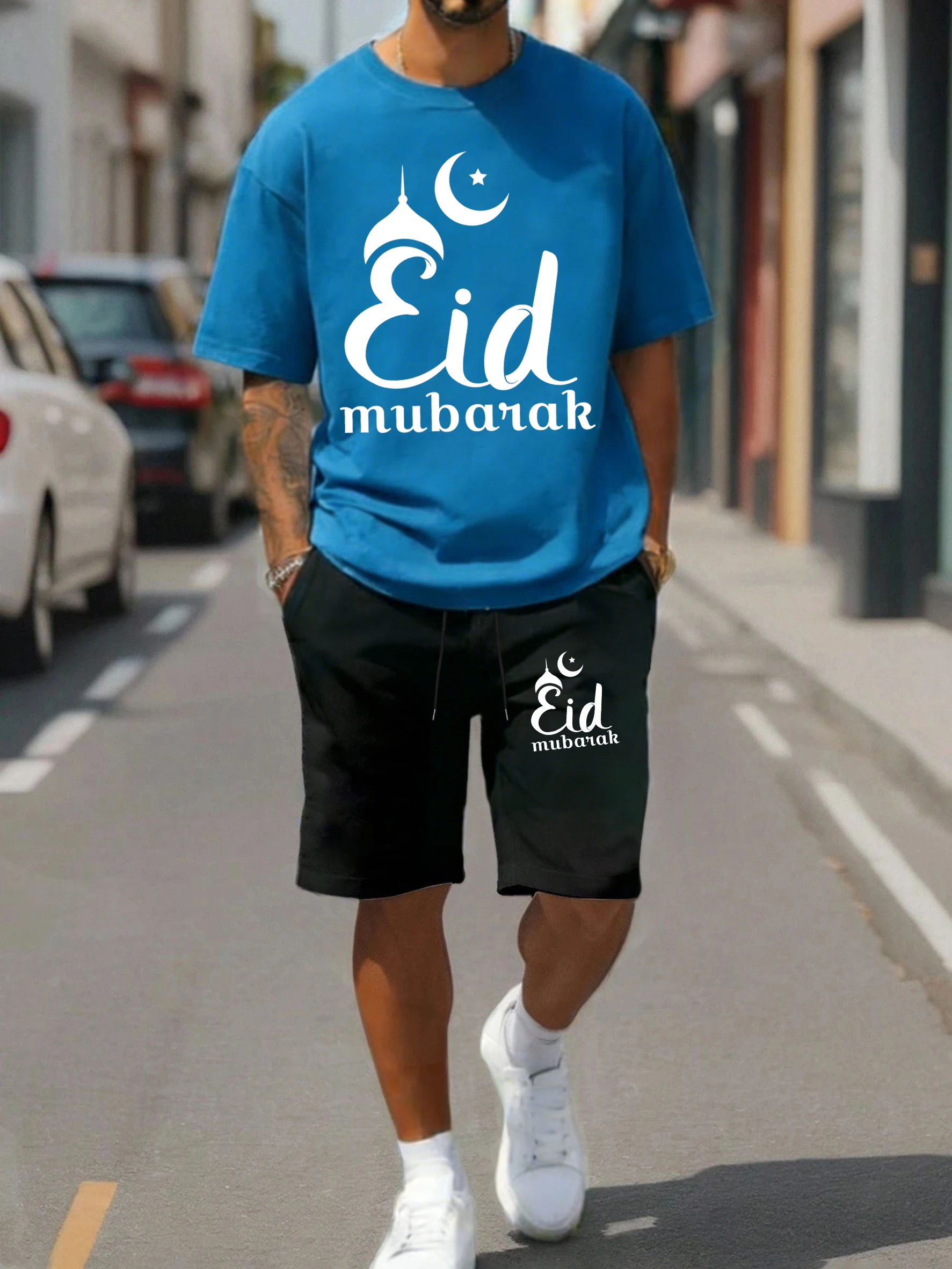 

Eid Mubarak Moon Printing Sportsuit Man All-Natch Cotton T-Shirts Fashion Drawstring Shorts Unisex Summer Loose Clothing