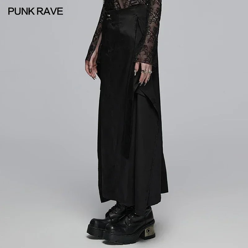 PUNK RAVE Women's Daily Cross Strap Mid Waist Patches Long Skirt Punk Back Slit Graceful Loose Casual Black Denim