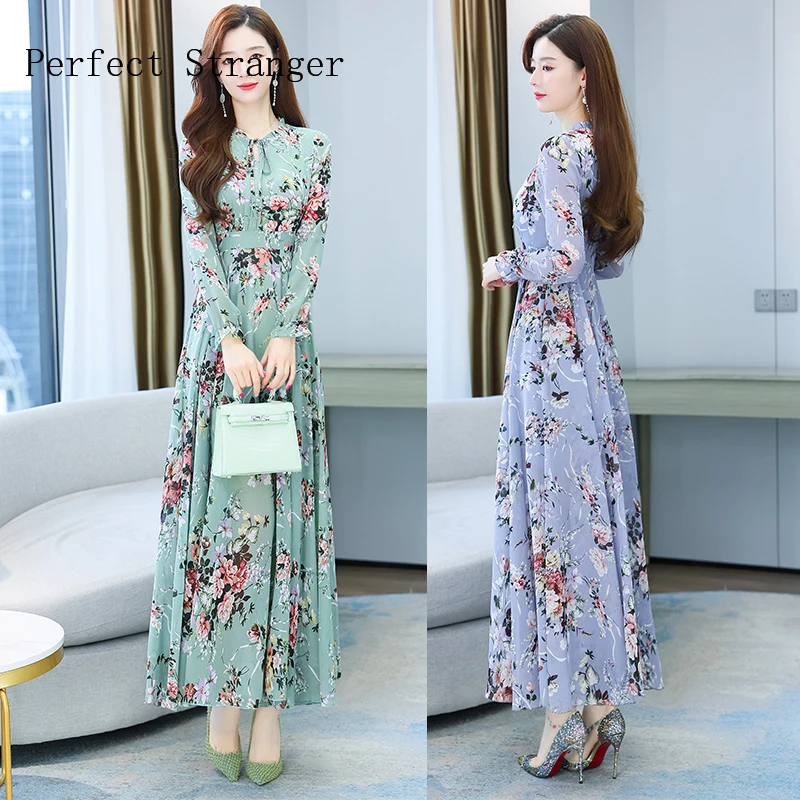 Women Spring Autumn Casual Dress Sukienka W Kwiaty Long Sleeve Flower Print Boho Robe Femme M-4XL Red Chiffon Vestidos