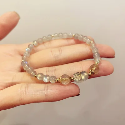 grey Labradorite stone beaded Pixiu bracelet,natural quartz ,protector,Unisex,gemstone amulet bead,good luck,Yoga Jewlery