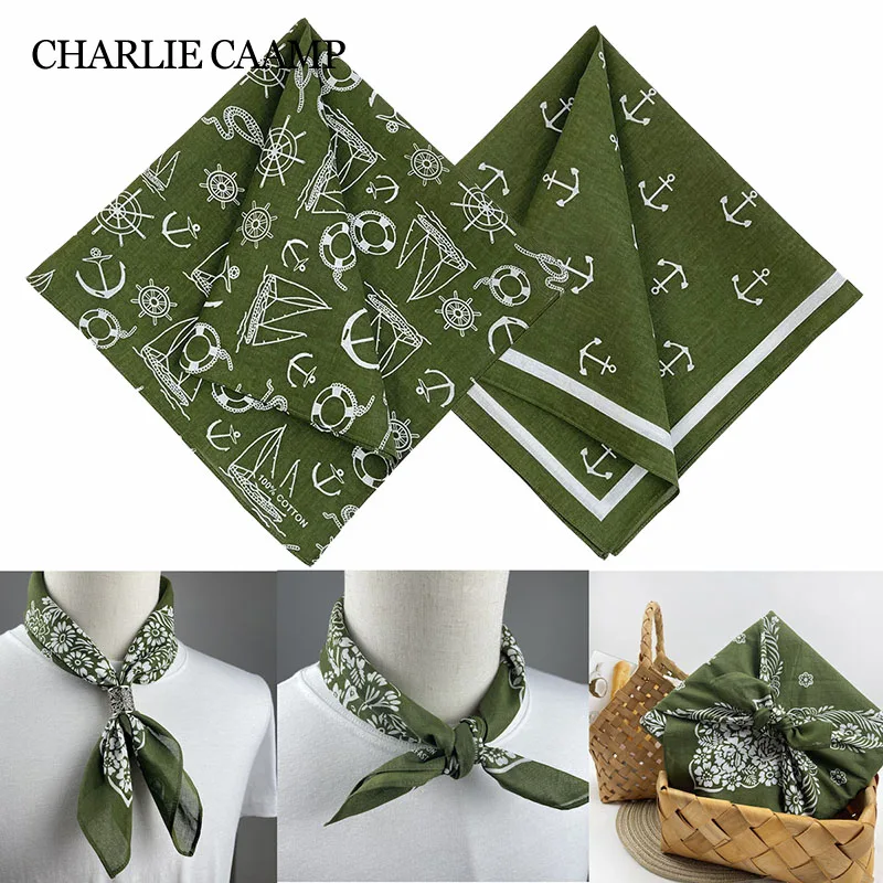 Olive Green High Quality Vintage Square Scarf Neckerchief Hip Hop 100% Cotton Sailor Bandana Anchor Print Headband Paisley Hijab