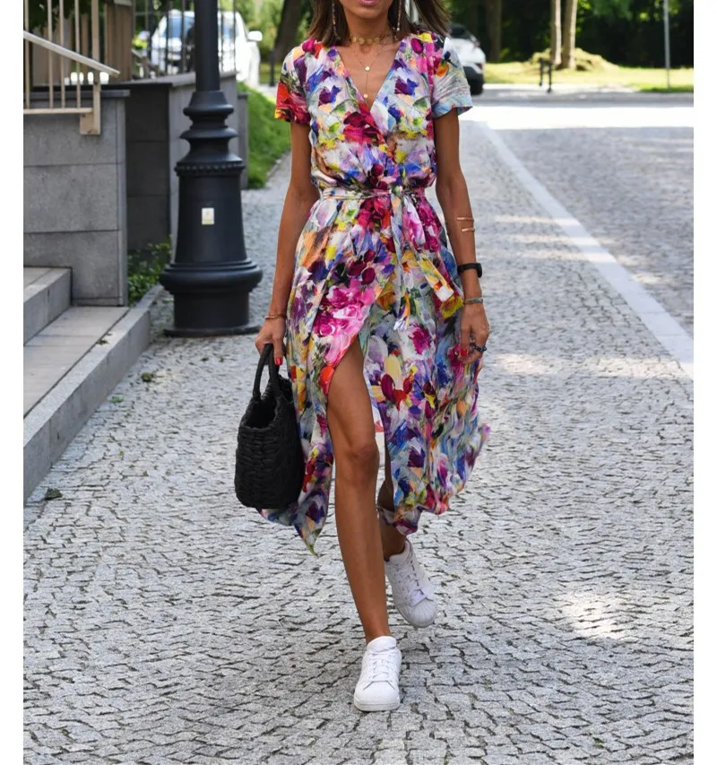 أزياء جديدة عارضة قصيرة الأكمام الخامس الرقبة طباعة الأزهار صالح ومضيئة الدانتيل متابعة سبليت فضفاض منتصف العجل اللباس، 6 ألوان