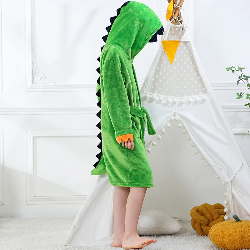 MICHLEY Cartoon Dinosaur Flannel Kids Bathrobe Bath Robe Pajamas Robe Children Hooded Sleepwear Clothes For Girls Boys 3Y-13Y