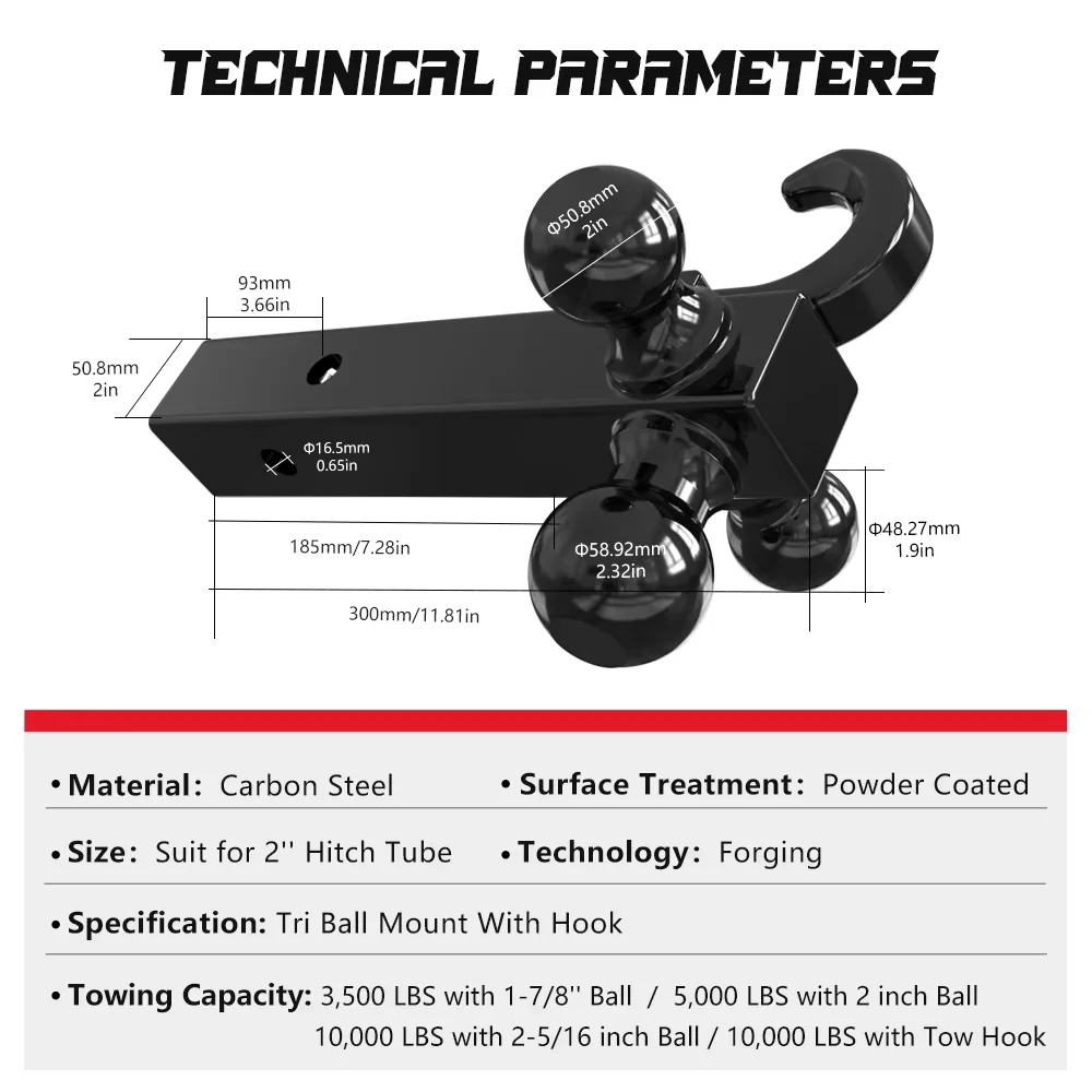 Carbon Steel Tri Ball Hitch Mount Receiver Heavy Duty Trailer Hitch Ball Receiver Mount Pintle Hook With Hook
