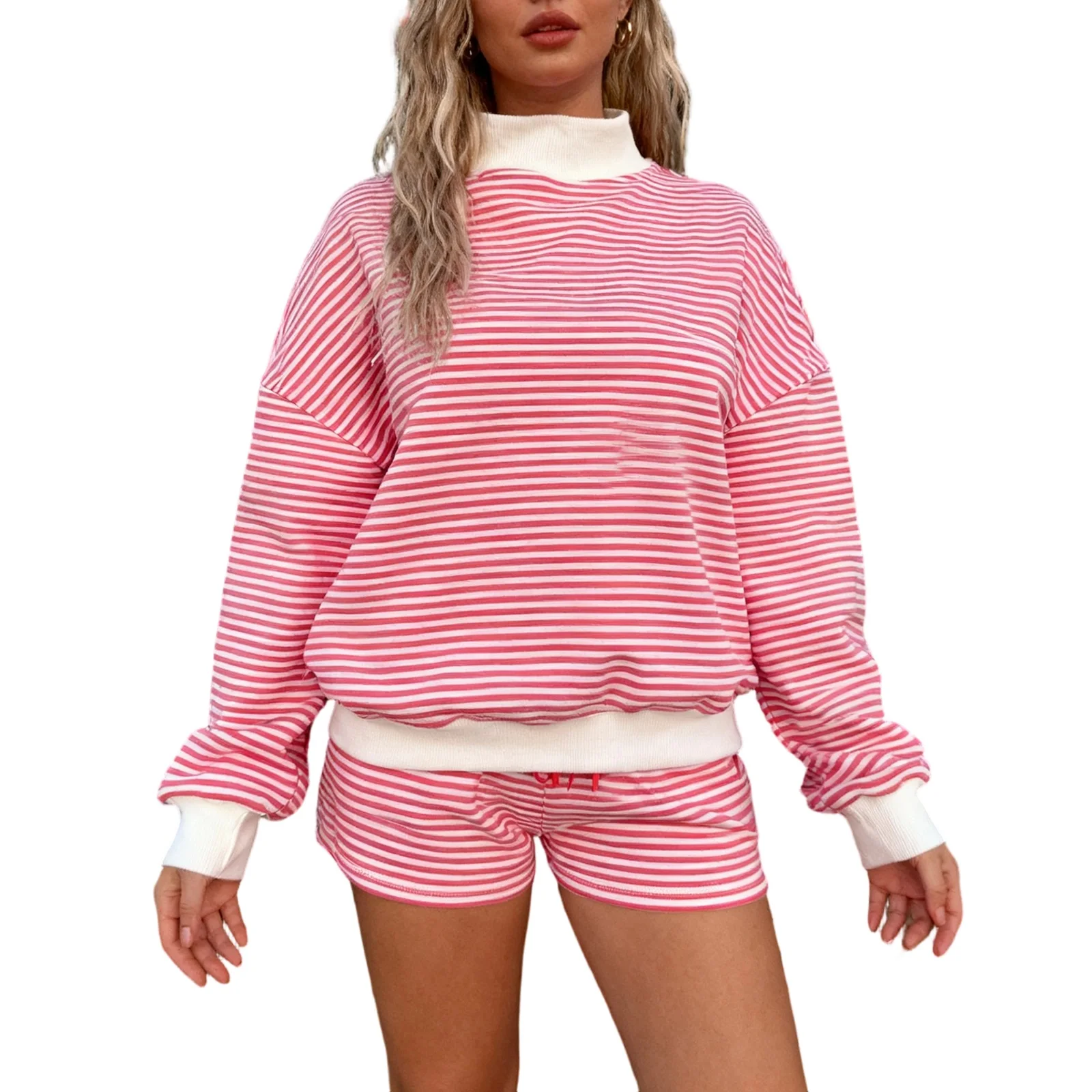

Женский полосатый спортивный комплект, повседневный свободный крой, стильные топы с круглым вырезом и длинными рукавами и шорты, комплект из 2 предметов