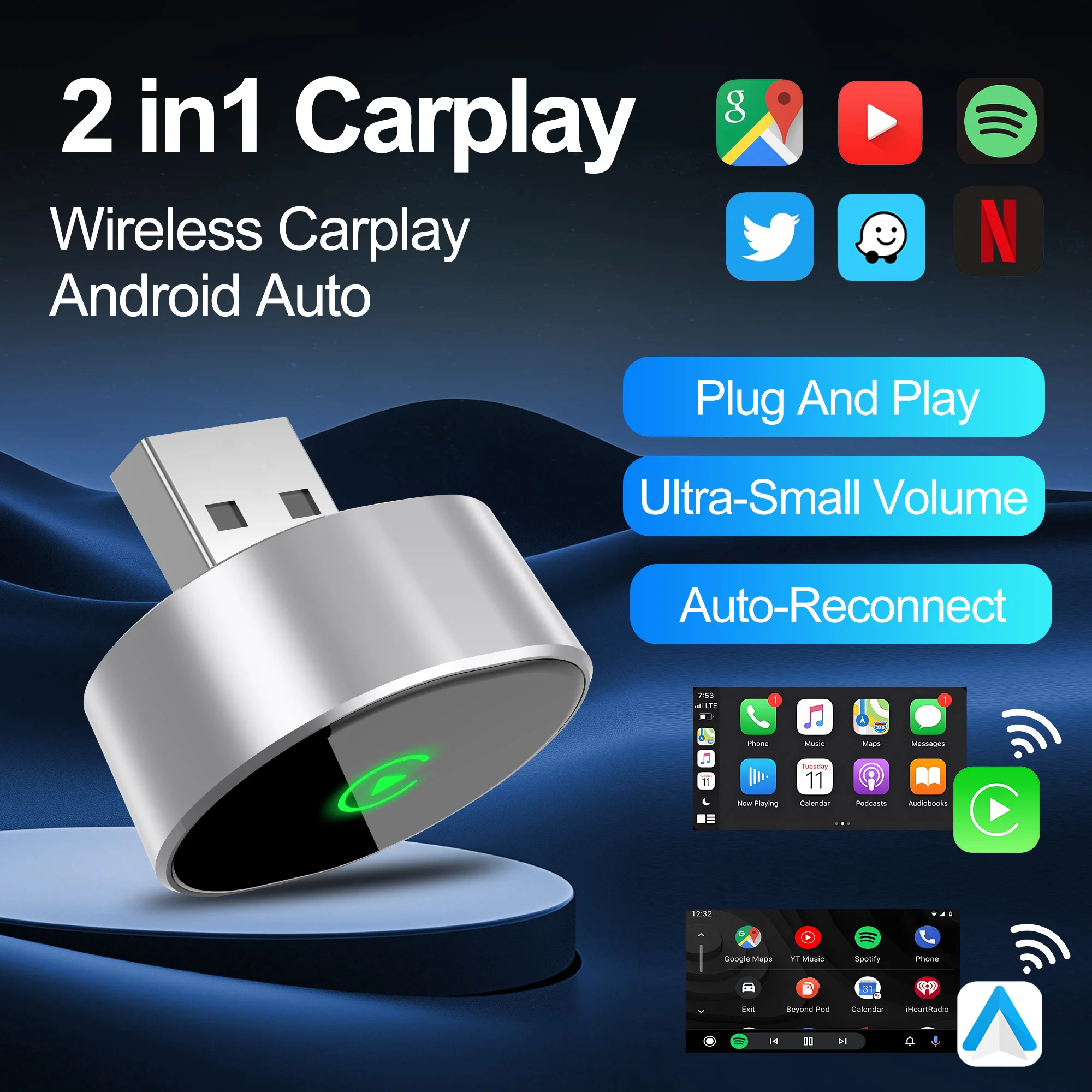 Новый AI Smart Box для автомобиля с проводным CarPlay, проводной и беспроводной CarPlay Dongle, Android Auto-адаптер 2в1, автомобильные интеллектуальные системы