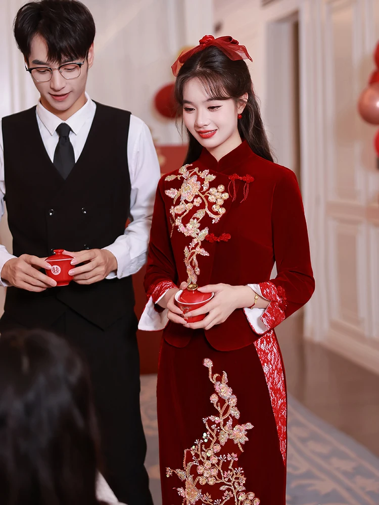 

Ele Red Velvet Wedding Dr Set Chinese Sle Bride Gown High Waist Zipper Ba Hand Embroidery Mid-Length Skirt