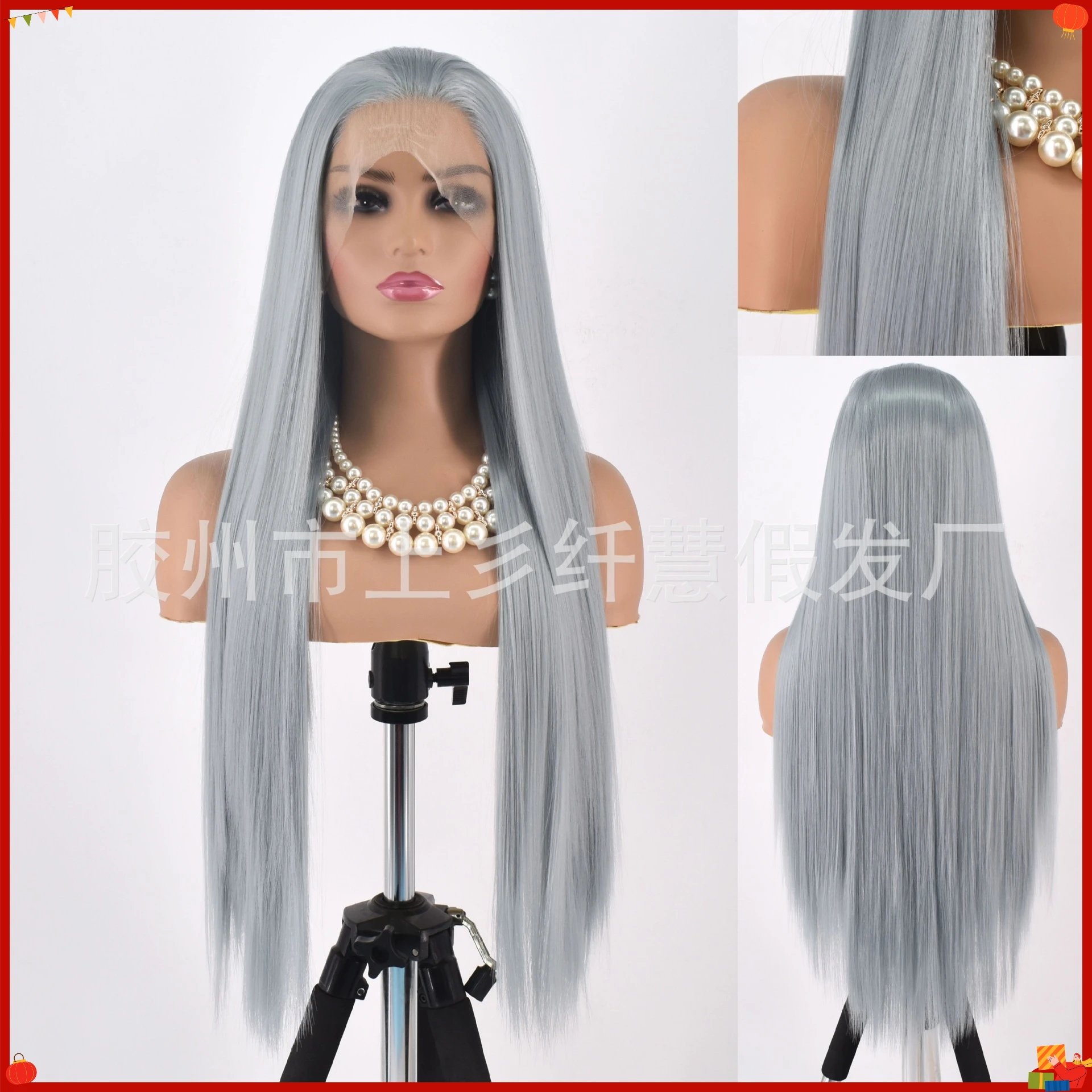 Synthetic Blue Long Straight Lace Front Wig Sky Blue Matte Fiber Cosplay Costume Party Hairpiece for Women Hand Tied