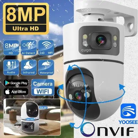 조정 가능한 브래킷이 있는 8MP WiFi IP 카메라 베이비 모니터 듀얼 렌즈 보안 무선 감시 카메라 Onvif 10X 줌 미니 캠
