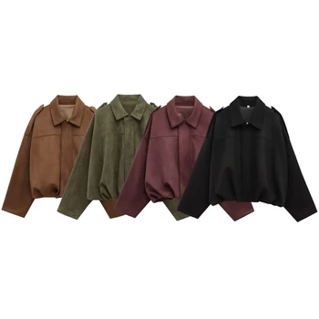 HH Women's Street Fashion Solid Loose Suede Texture Coats Causal Long Bat Sleeves Lapel Zipper Fly Winter Vintage Jackets 2