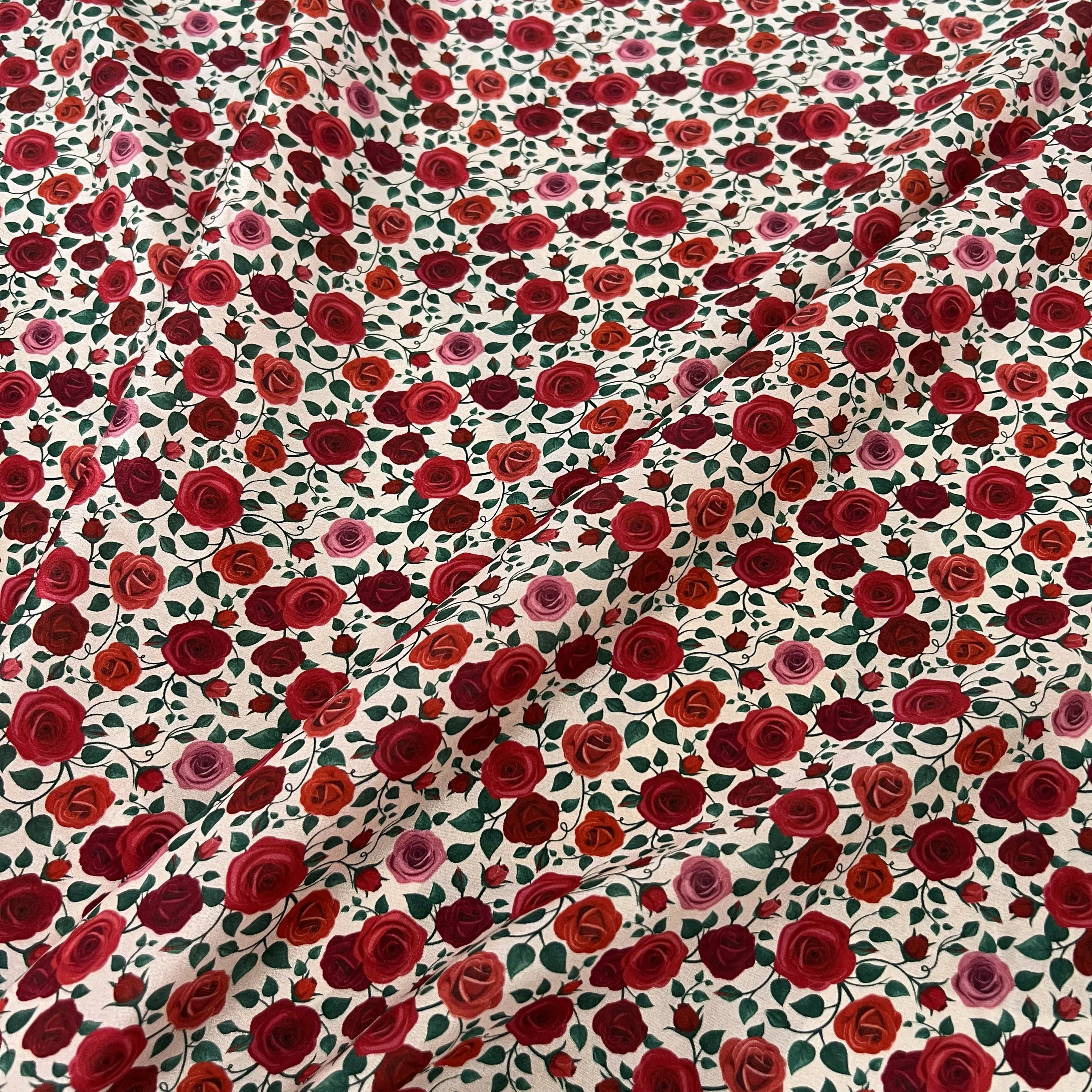 1 meter 100% Mulberry Silk 14 momme Crepe Silk Fabric Red Rose Floral Printed 138cm 54