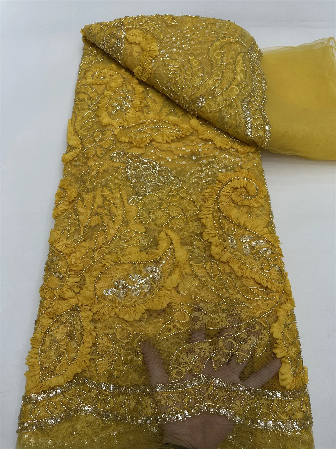 Luxuriöser 3D-afrikanischer schwerer handgefertigter Perlen-Tüll-Spitzenstoff 2025, nigerianischer französischer Pailletten-Netz-Spitzenstoff für Hochzeits-Party-Kleider