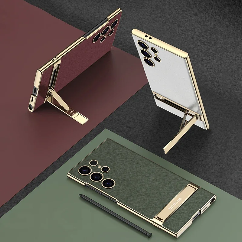 

RICKE Luxury Leather Plating Stand Case For Samsung Galaxy S25 S24 S23 Ultra Shockproof Plastic Cover for Galaxy S24 Ultra Case